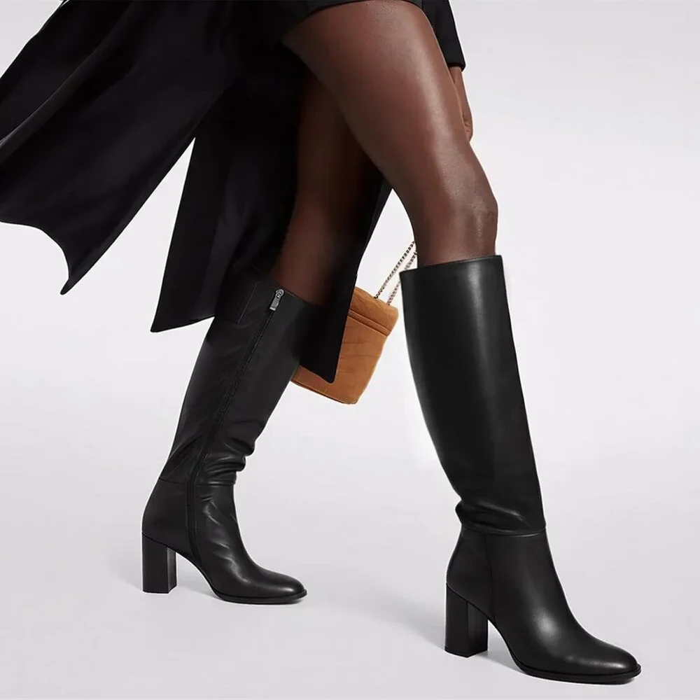 Women's Black Knee High Boots Round Toe Side Zip Chunky Heel Boots Rubber